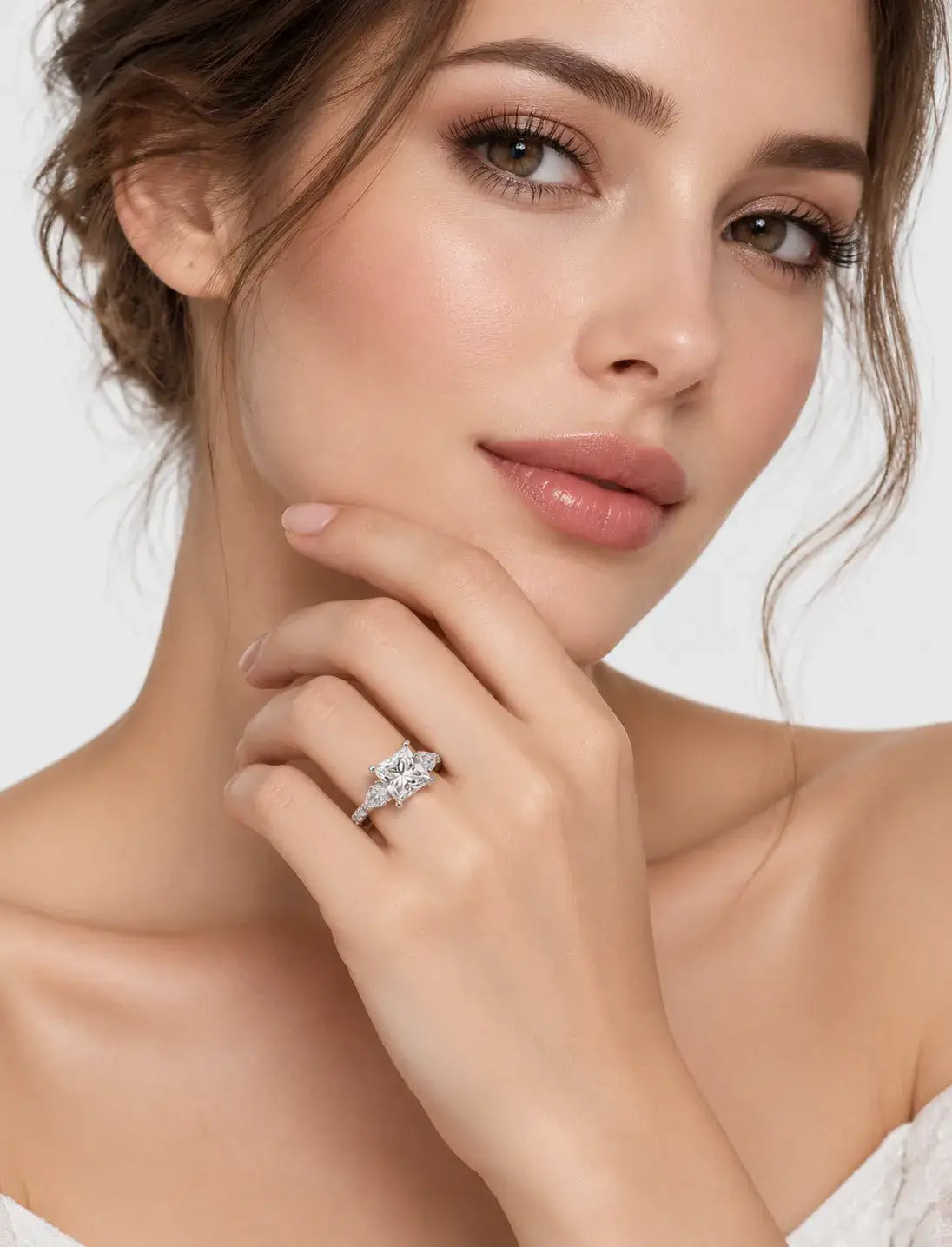 Lab Grown IGI Certified Princess-Cut Three-Stone Engagement Ring with Pear-Cut Side Accents and Pavé Band in Gold & Platinum