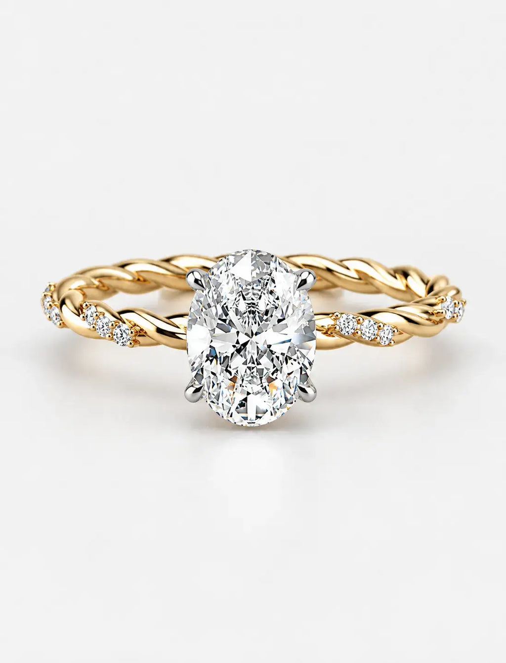 IGI Certified Lab Grown Oval Cut Solitaire Engagement Ring with a Twisted Pavé Band in Gold & Platinum