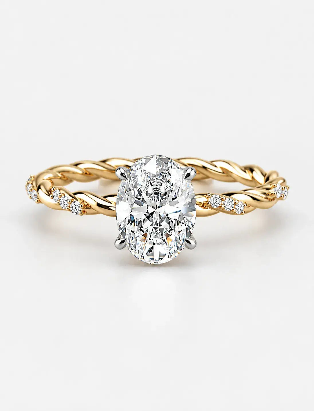 IGI Certified Lab Grown Oval Cut Solitaire Engagement Ring with a Twisted Pavé Band in Gold & Platinum