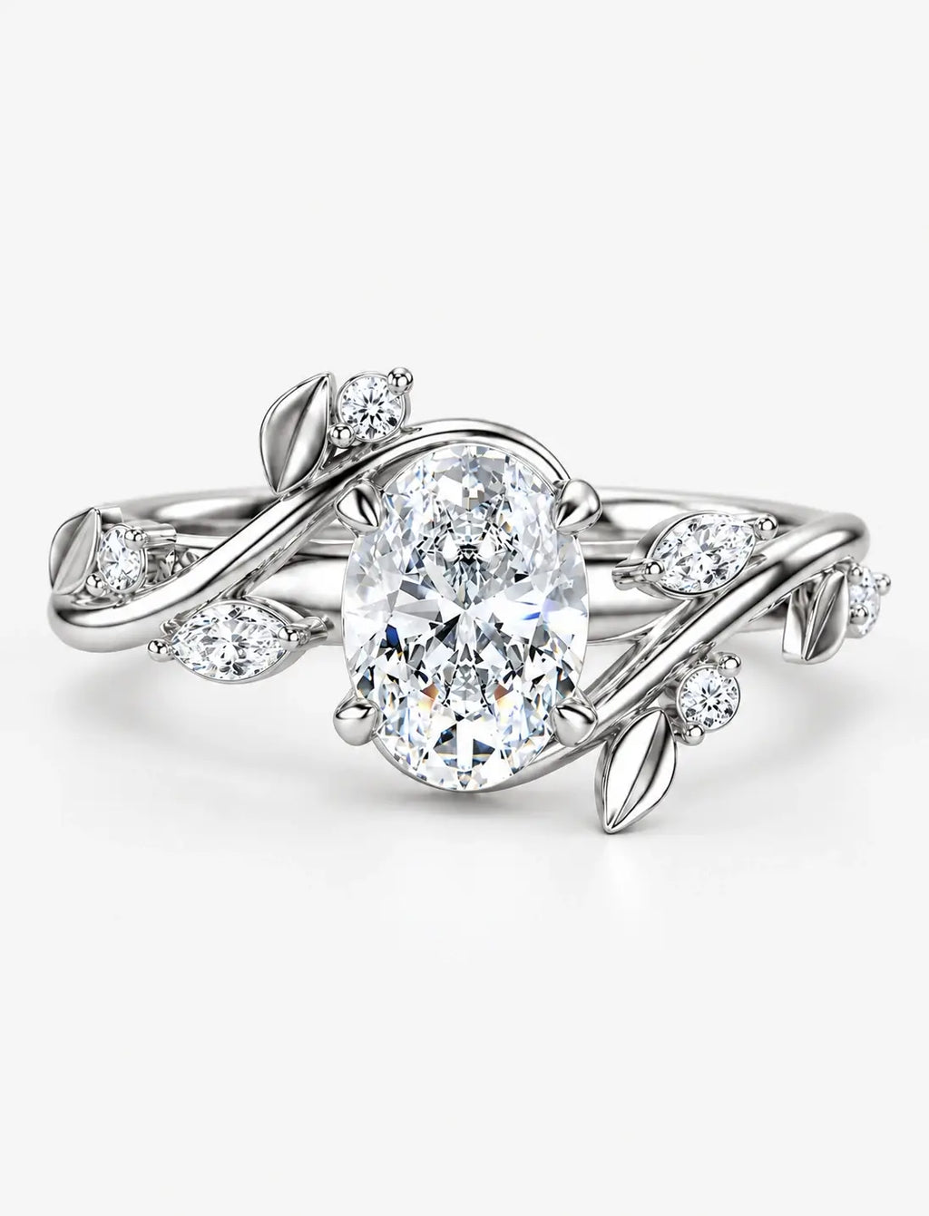 IGI Certified Lab Grown Round Brilliant Diamond Engagement Ring with Marquise Leaf & Round Accents in Gold & Platinum
