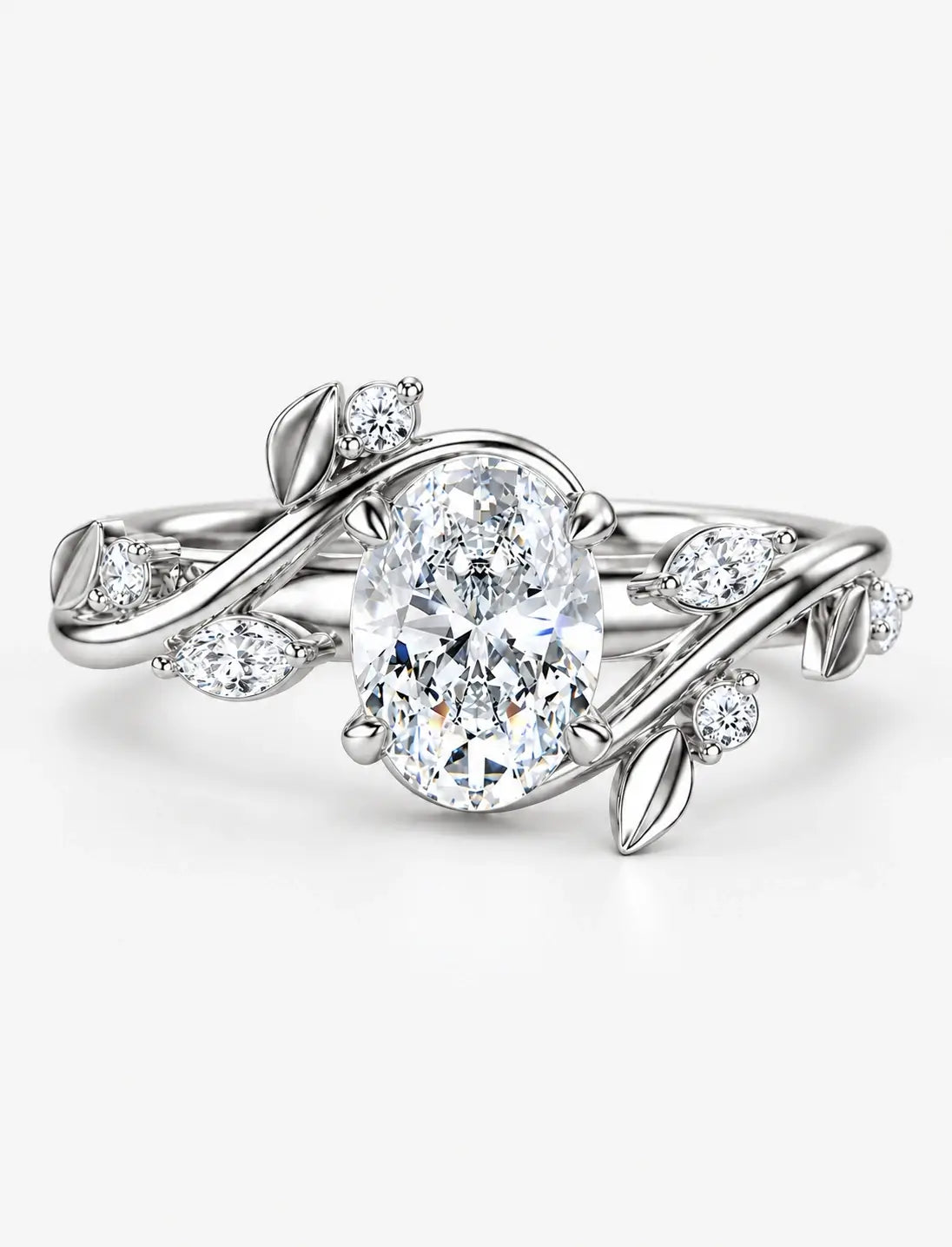 IGI Certified Lab Grown Round Brilliant Diamond Engagement Ring with Marquise Leaf & Round Accents in Gold & Platinum