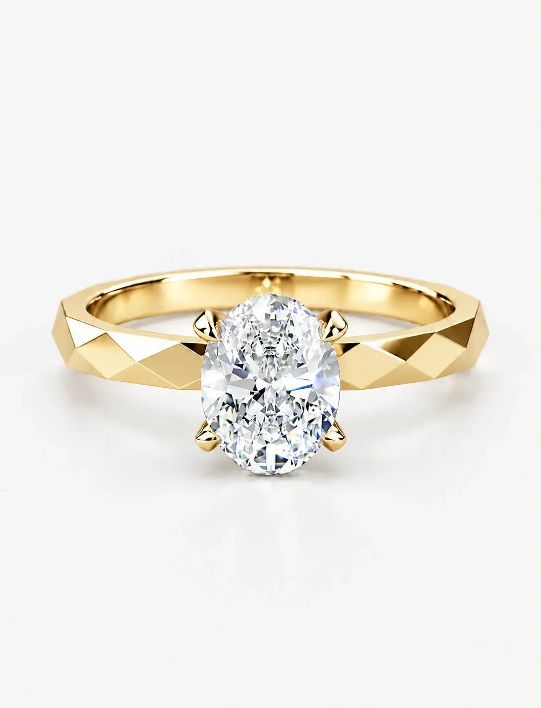 IGI Certified Lab Grown Oval Diamond Geometric Faceted Solitaire Engagement Ring in Gold & Platinum