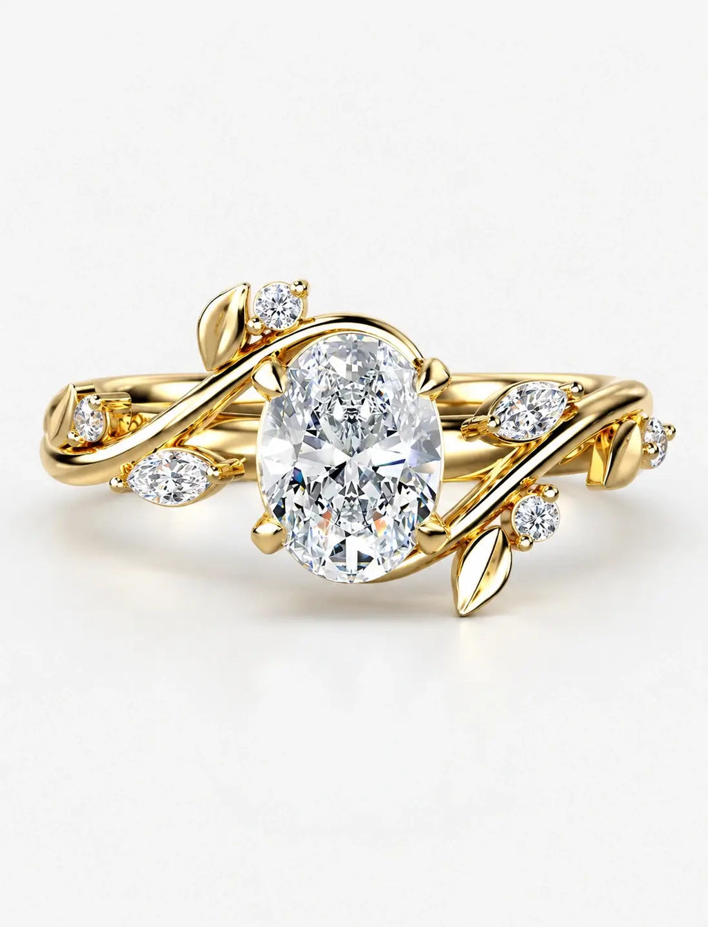 IGI Certified Lab Grown Round Brilliant Diamond Engagement Ring with Marquise Leaf & Round Accents in Gold & Platinum
