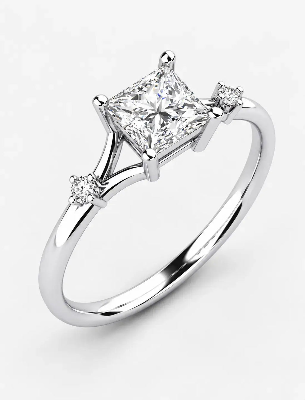 Lab Grown IGI Certified Kite-Set Princess-Cut Split-Shank Three-Stone Engagement Ring in Gold & Platinum