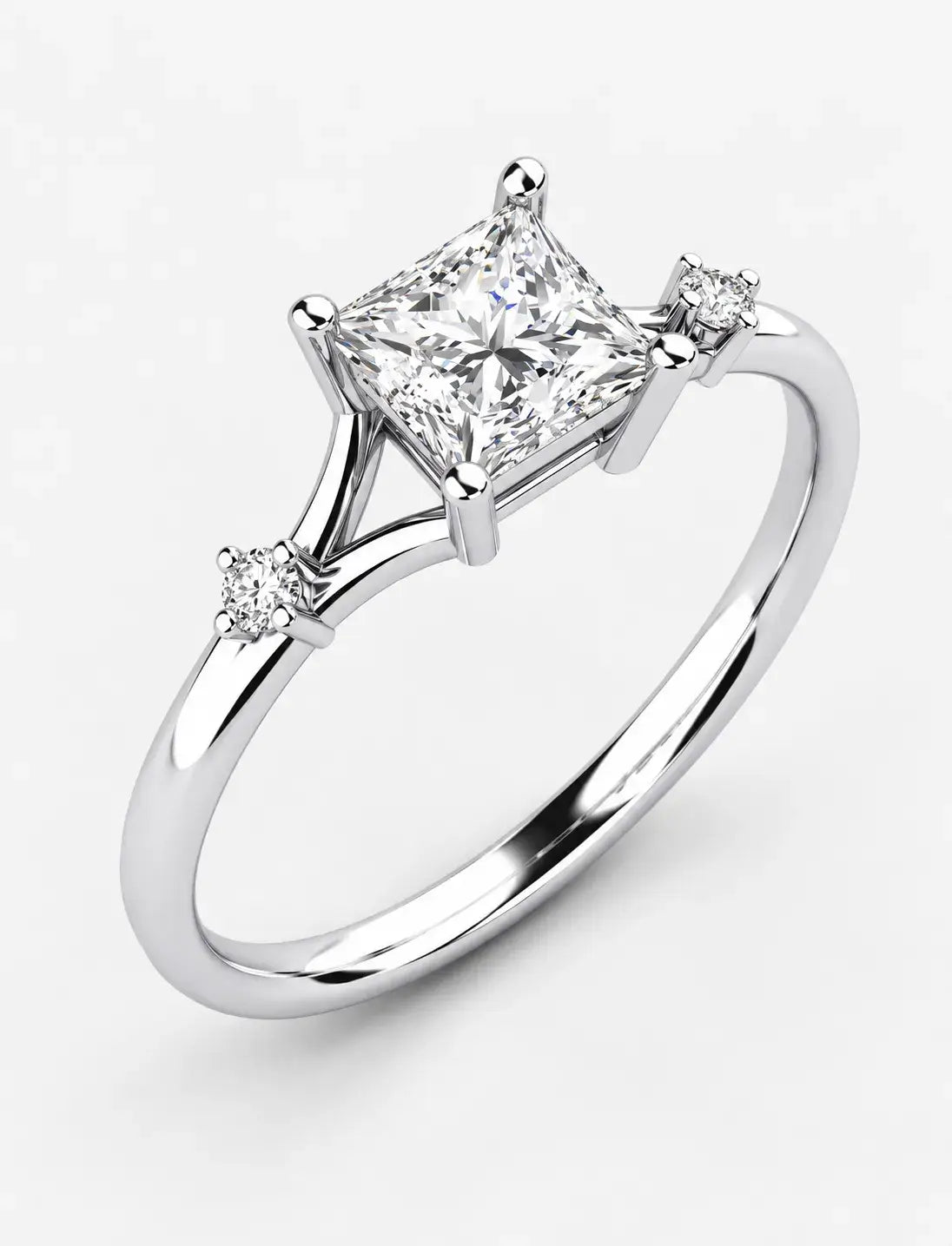 Lab Grown IGI Certified Kite-Set Princess-Cut Split-Shank Three-Stone Engagement Ring in Gold & Platinum
