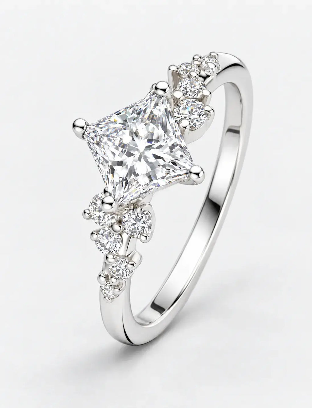 Lab Grown IGI Certified Compass-Set Princess-Cut Diamond Engagement Ring with Asymmetrical Cluster Accents in Gold & Platinum