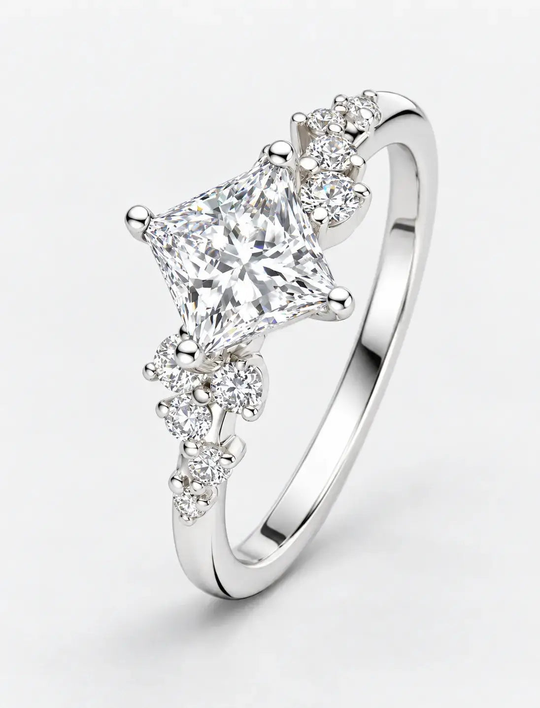 Lab Grown IGI Certified Compass-Set Princess-Cut Diamond Engagement Ring with Asymmetrical Cluster Accents in Gold & Platinum