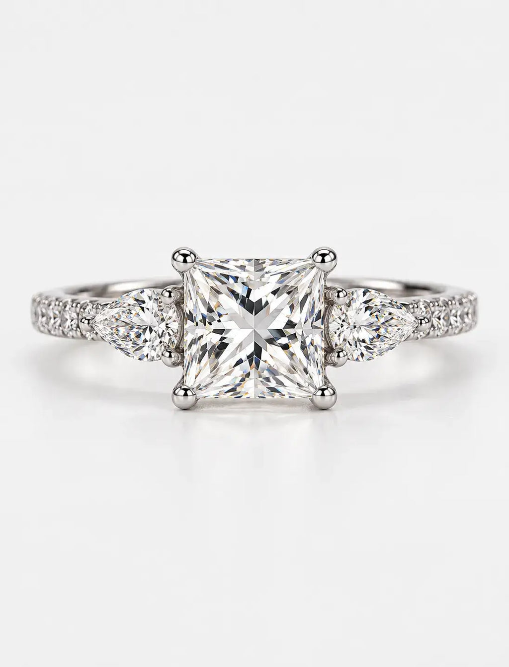 Lab Grown IGI Certified Princess-Cut Three-Stone Engagement Ring with Pear-Cut Side Accents and Pavé Band in Gold & Platinum