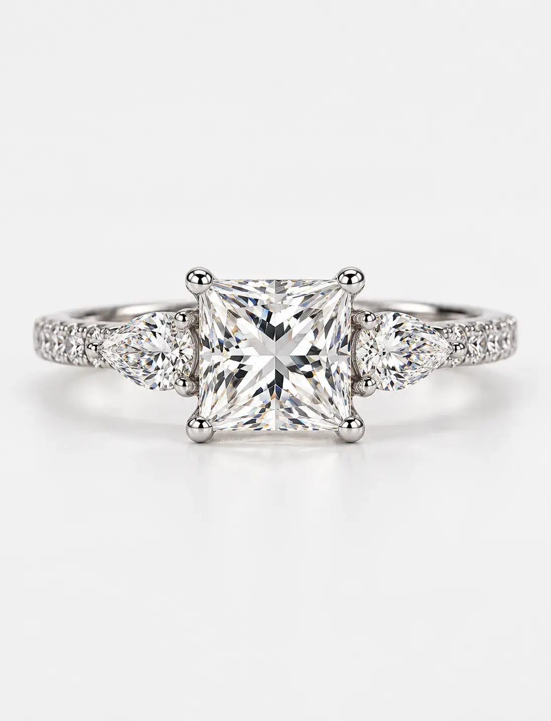 Lab Grown IGI Certified Princess-Cut Three-Stone Engagement Ring with Pear-Cut Side Accents and Pavé Band in Gold & Platinum