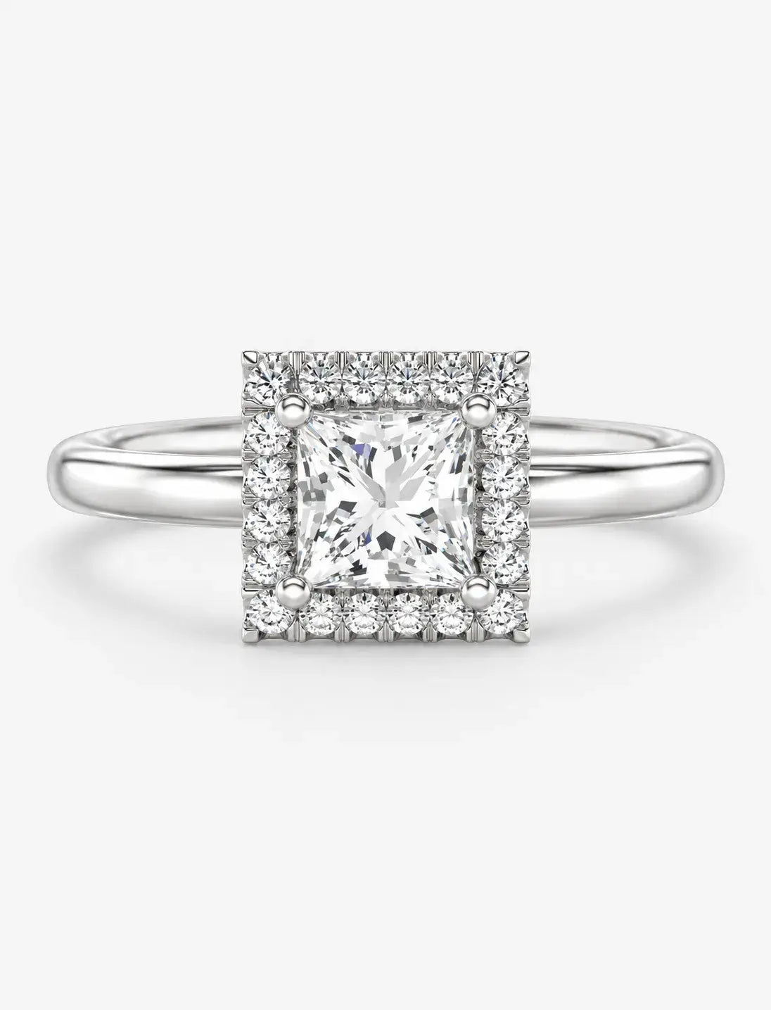 Lab-Grown IGI-Certified Princess-Cut Solitaire Engagement Ring with Square Diamond Halo in Gold & Platinum