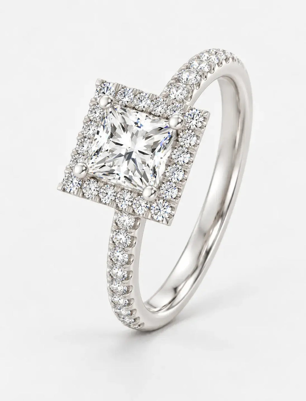 Lab Grown IGI Certified Princess-Cut Diamond Square Halo Engagement Ring with Round Pavé Diamonds in Gold & Platinum
