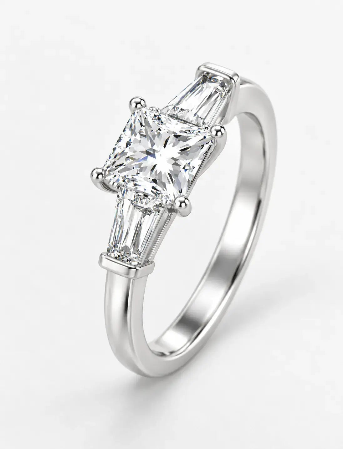 Lab Grown IGI Certified Princess-Cut Trilogy Engagement Ring with Tapered Baguette Sides in Gold & Platinum