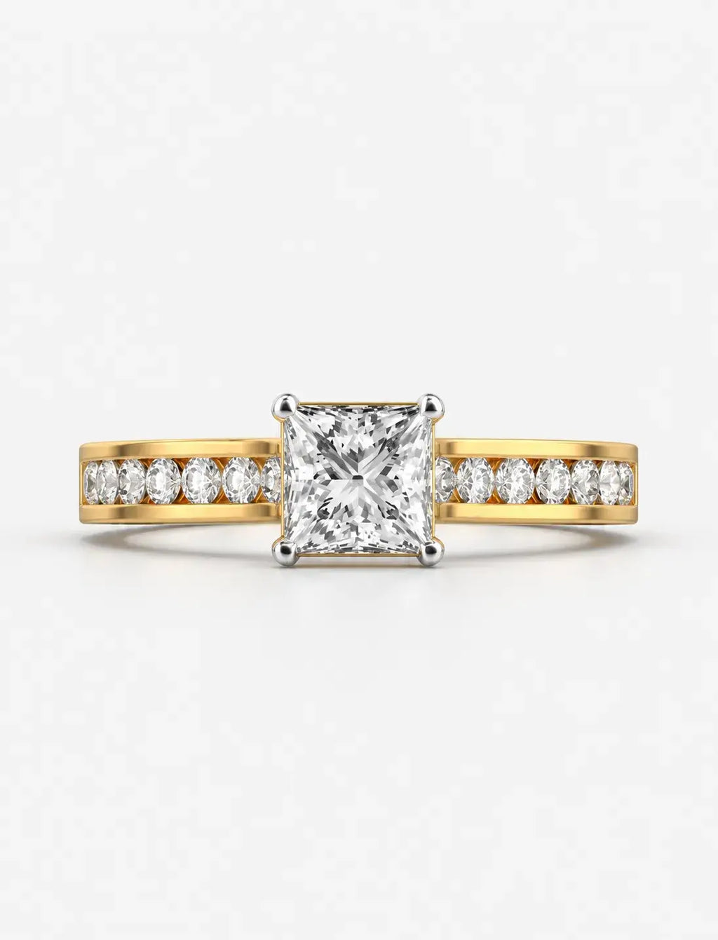 Lab Grown IGI Certified Classic Empress Princess-Cut Diamond Engagement Ring with Channel-Set Round Side Diamonds in Gold & Platinum