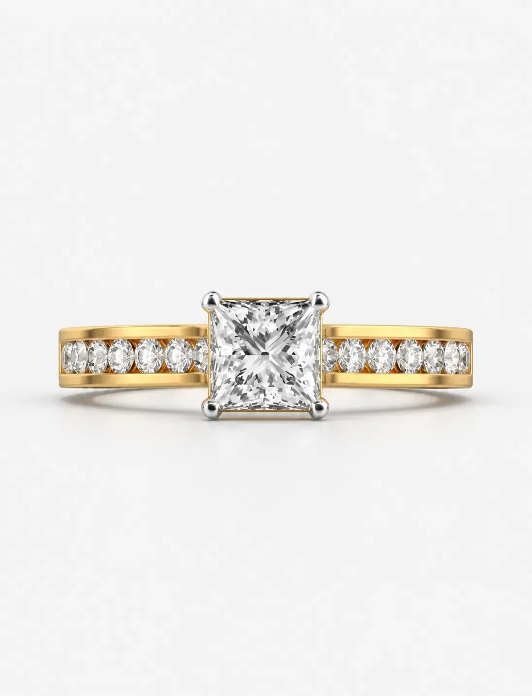 Lab Grown IGI Certified Classic Empress Princess-Cut Diamond Engagement Ring with Channel-Set Round Side Diamonds in Gold & Platinum
