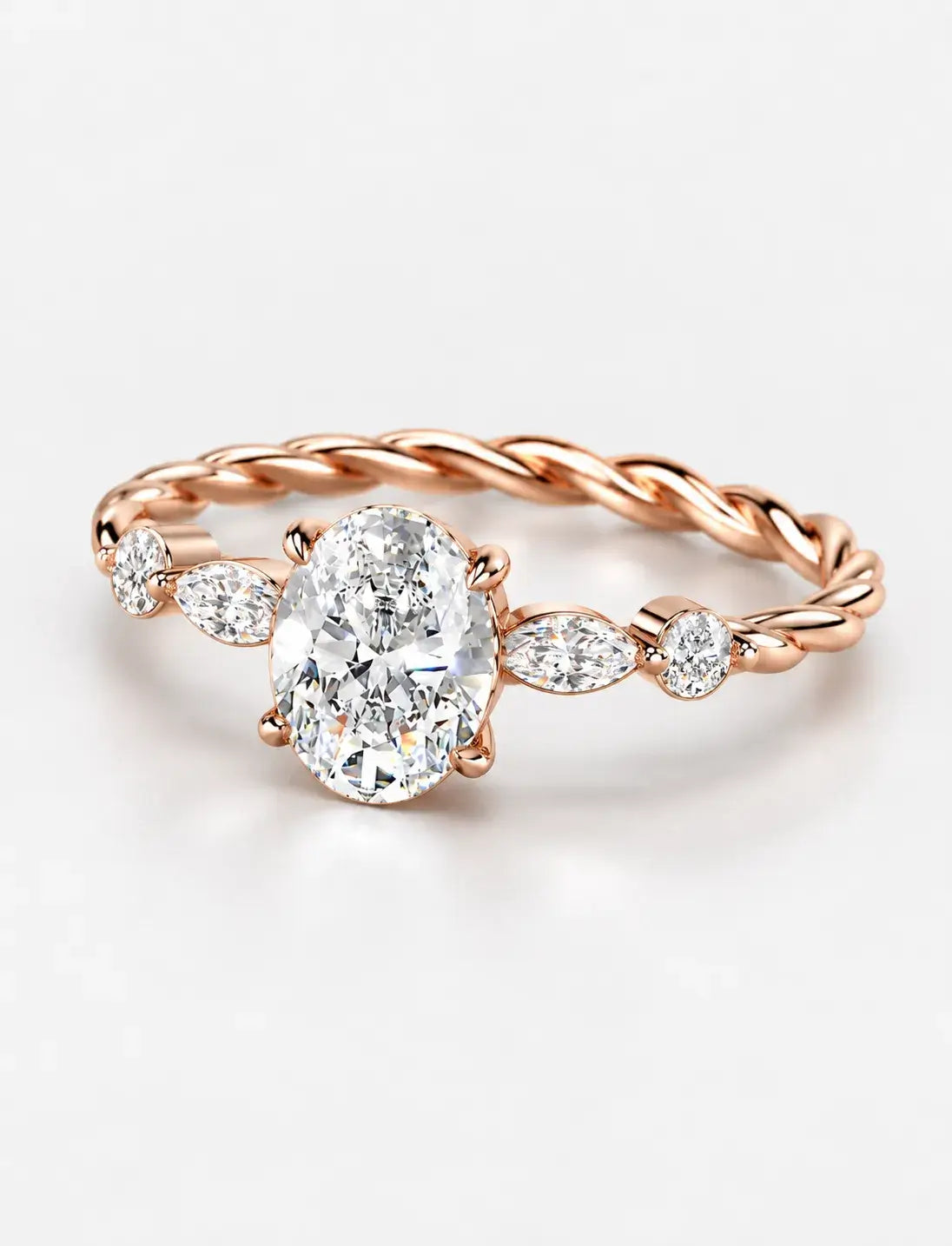 IGI Certified Lab Grown Versailles-Inspired Oval Solitaire Ring with Marquise & Round Diamond Side Stones in Gold & Platinum