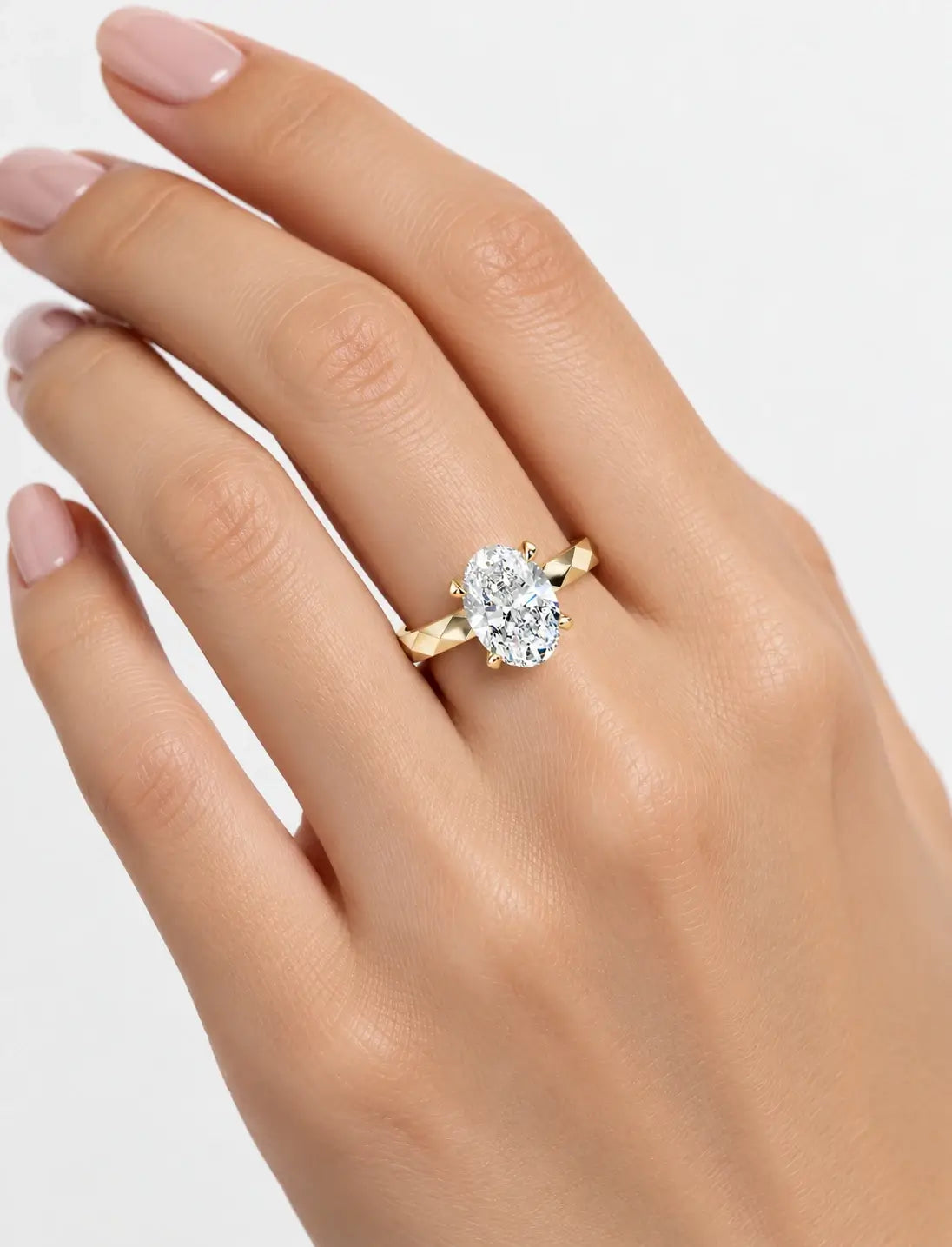 IGI Certified Lab Grown Oval Diamond Geometric Faceted Solitaire Engagement Ring in Gold & Platinum