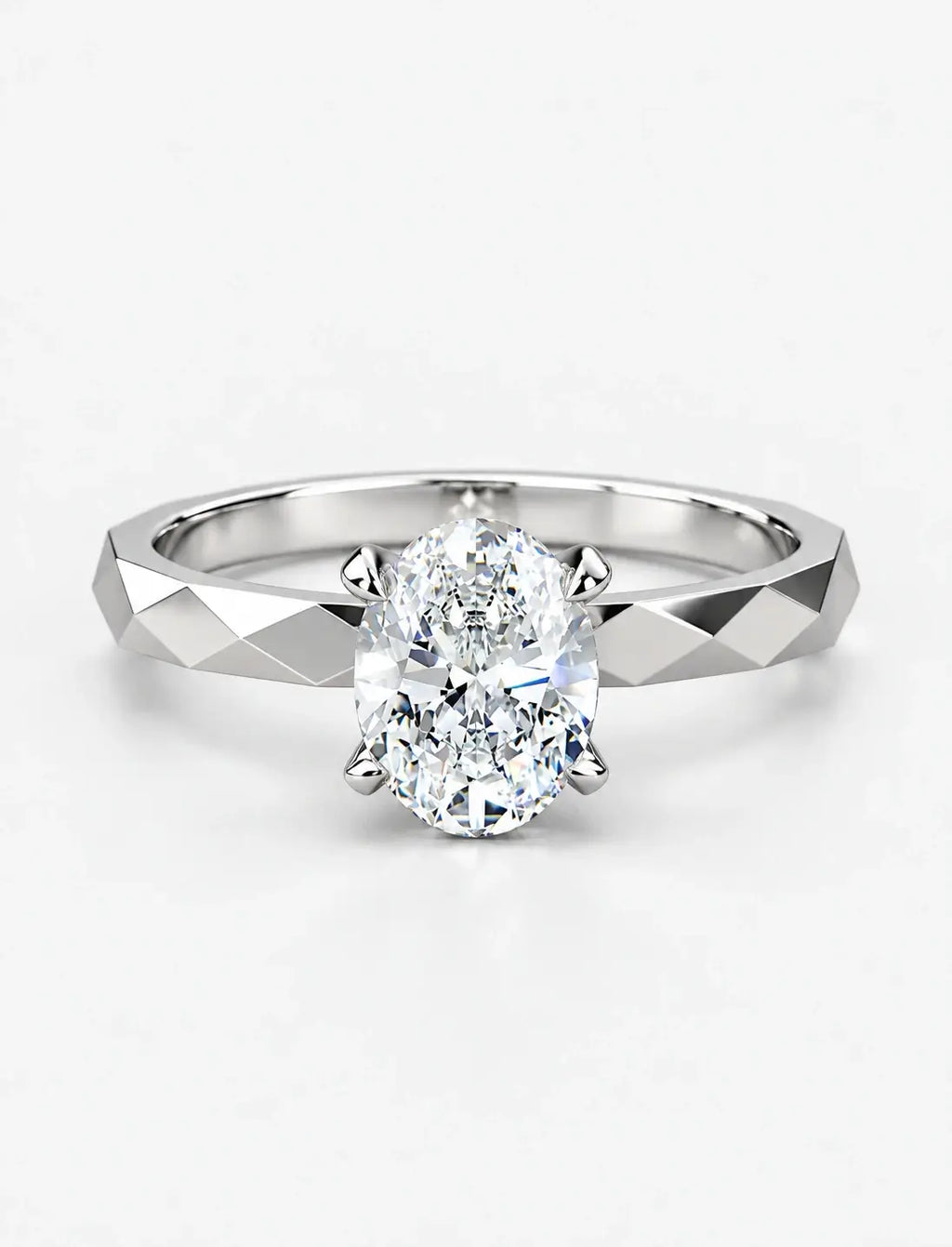 IGI Certified Lab Grown Oval Diamond Geometric Faceted Solitaire Engagement Ring in Gold & Platinum
