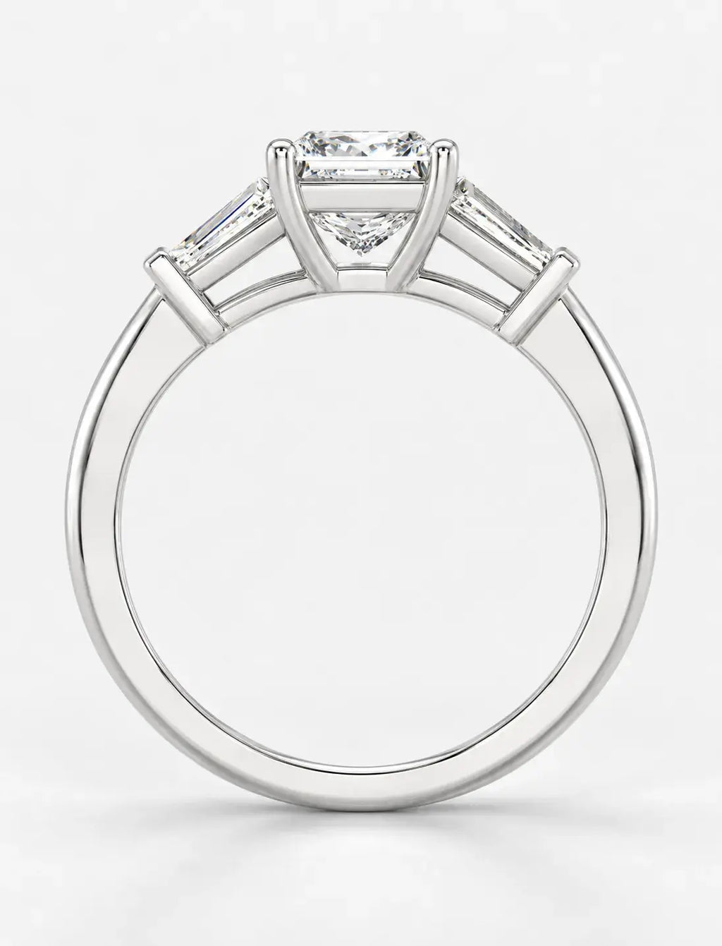 Lab Grown IGI Certified Princess-Cut Trilogy Engagement Ring with Tapered Baguette Sides in Gold & Platinum