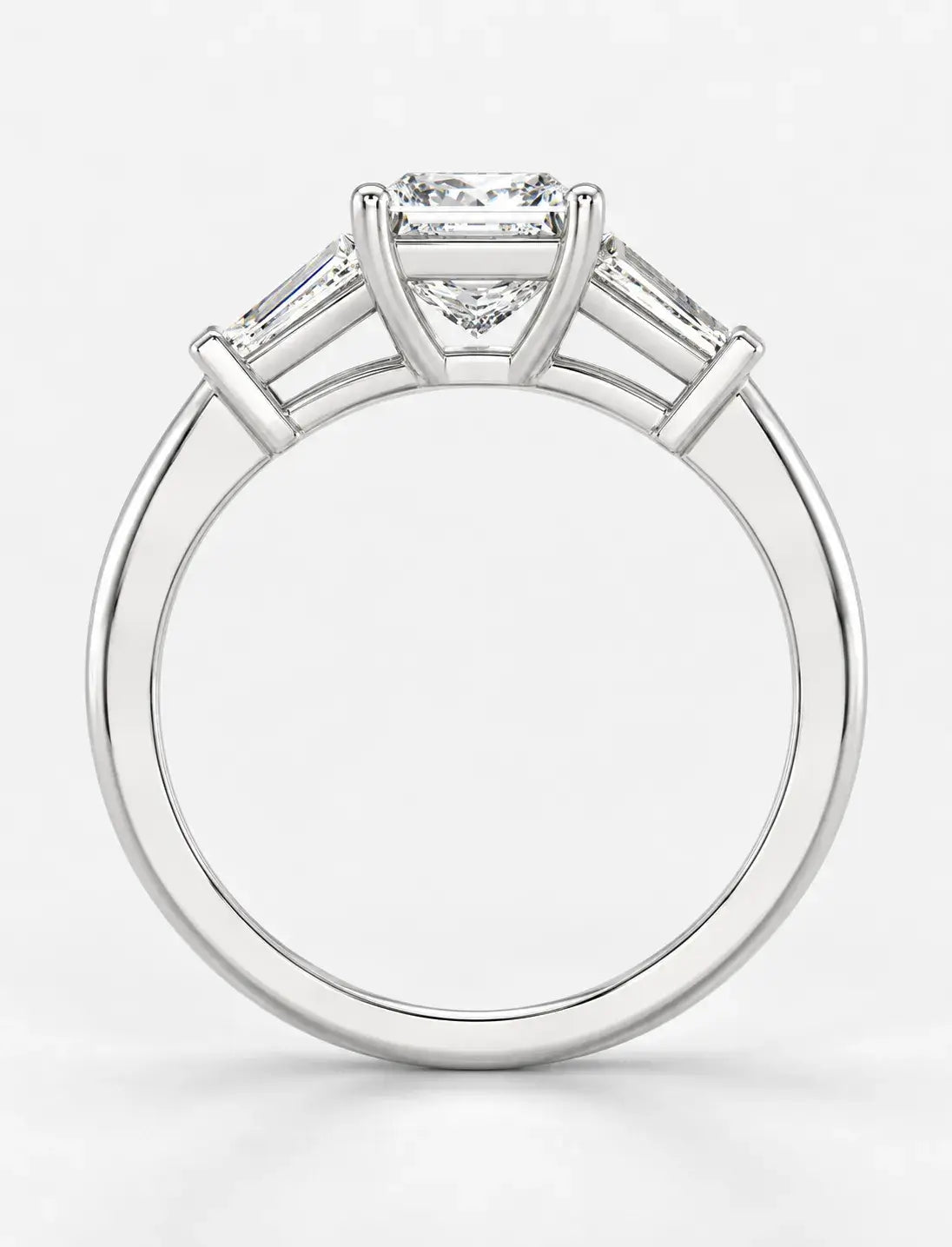 Lab Grown IGI Certified Princess-Cut Trilogy Engagement Ring with Tapered Baguette Sides in Gold & Platinum
