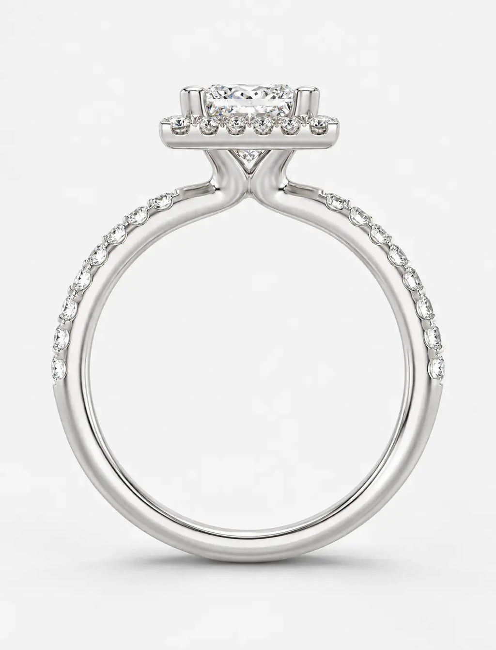 Lab Grown IGI Certified Princess-Cut Diamond Square Halo Engagement Ring with Round Pavé Diamonds in Gold & Platinum