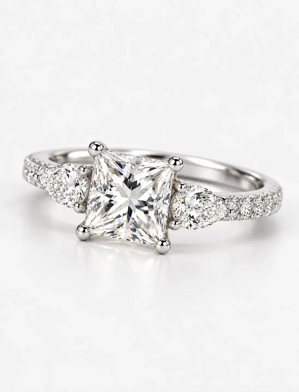 Lab Grown IGI Certified Princess-Cut Three-Stone Engagement Ring with Pear-Cut Side Accents and Pavé Band in Gold & Platinum