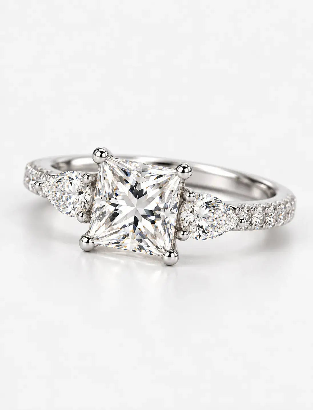 Lab Grown IGI Certified Princess-Cut Three-Stone Engagement Ring with Pear-Cut Side Accents and Pavé Band in Gold & Platinum