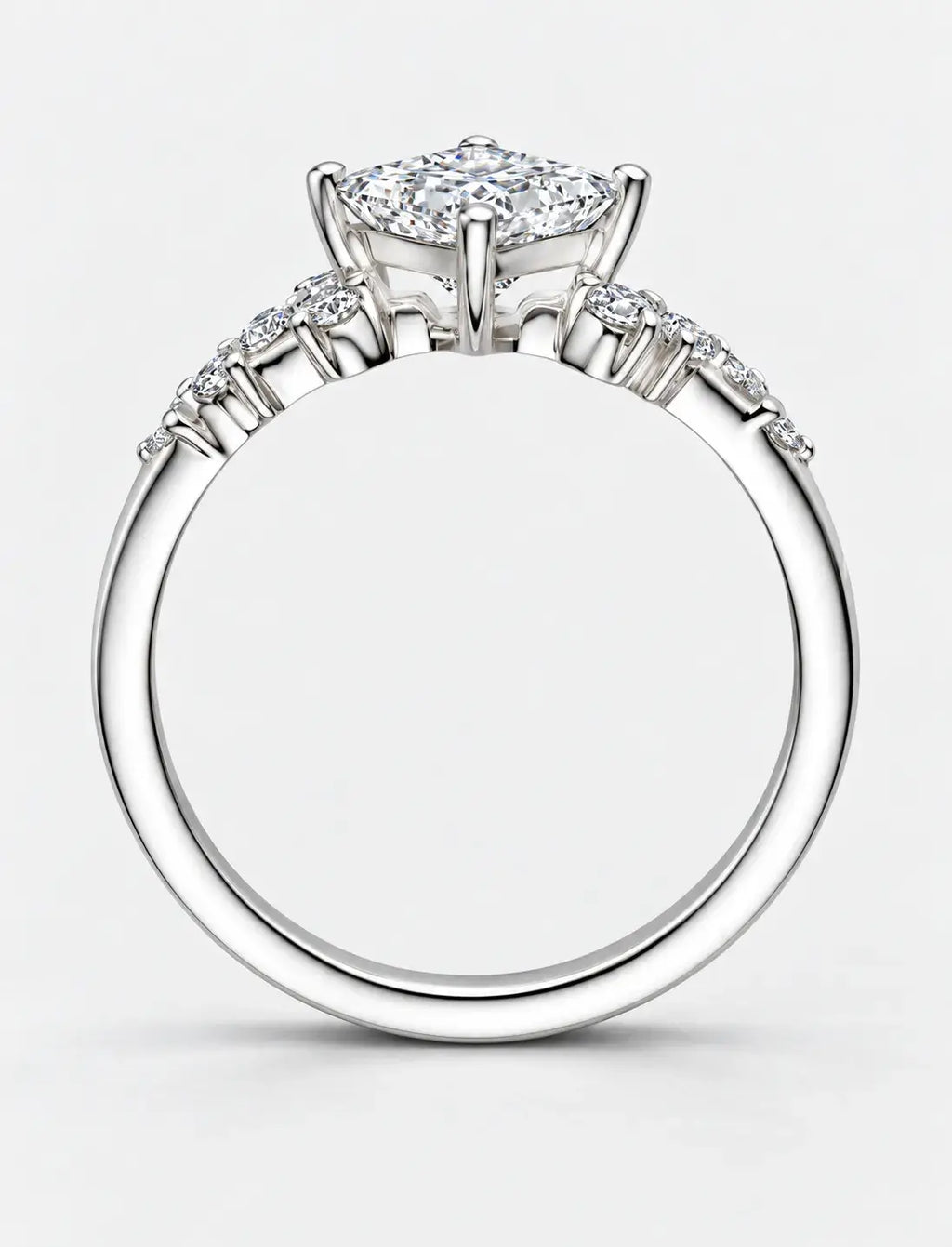 Lab Grown IGI Certified Compass-Set Princess-Cut Diamond Engagement Ring with Asymmetrical Cluster Accents in Gold & Platinum