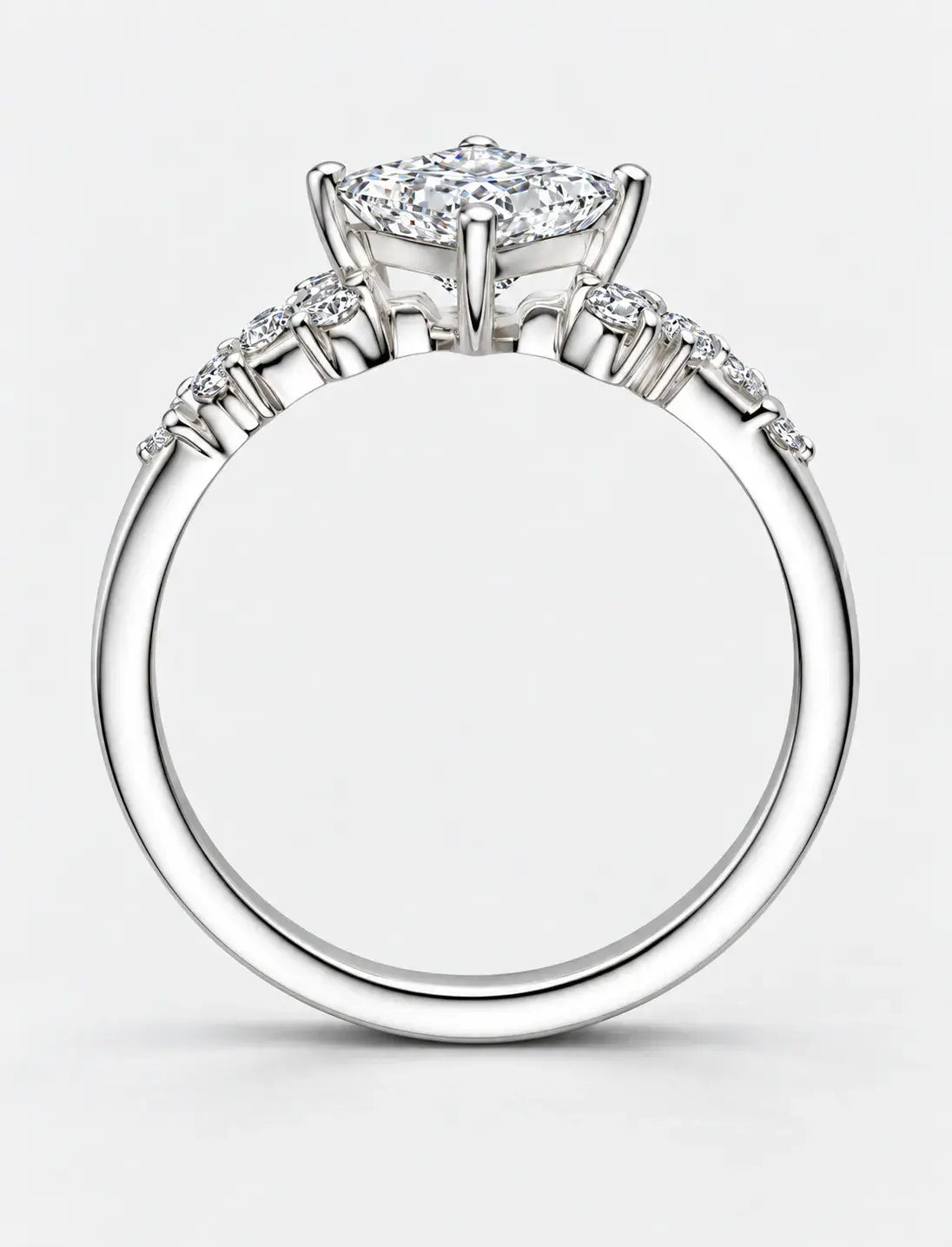 Lab Grown IGI Certified Compass-Set Princess-Cut Diamond Engagement Ring with Asymmetrical Cluster Accents in Gold & Platinum