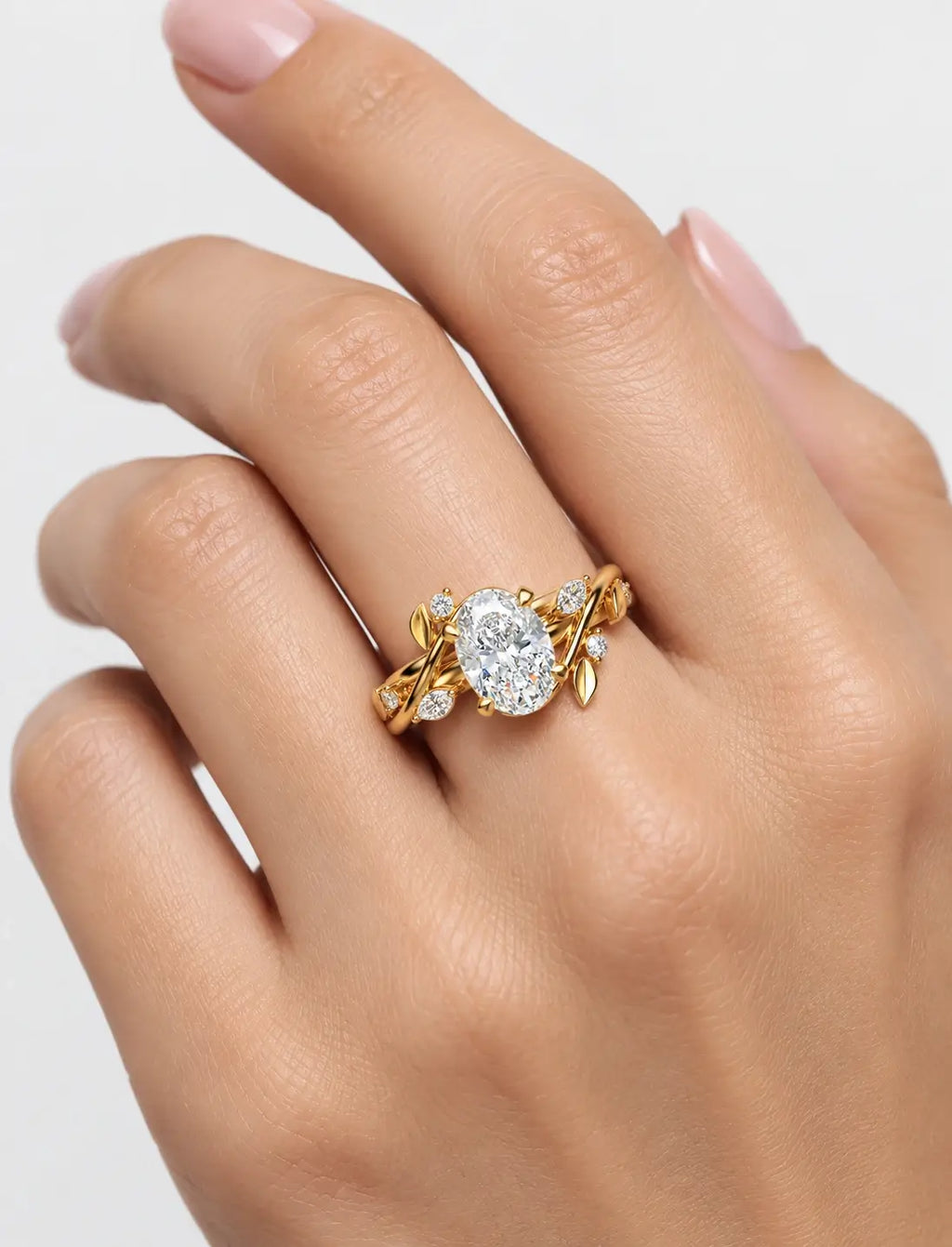 IGI Certified Lab Grown Round Brilliant Diamond Engagement Ring with Marquise Leaf & Round Accents in Gold & Platinum