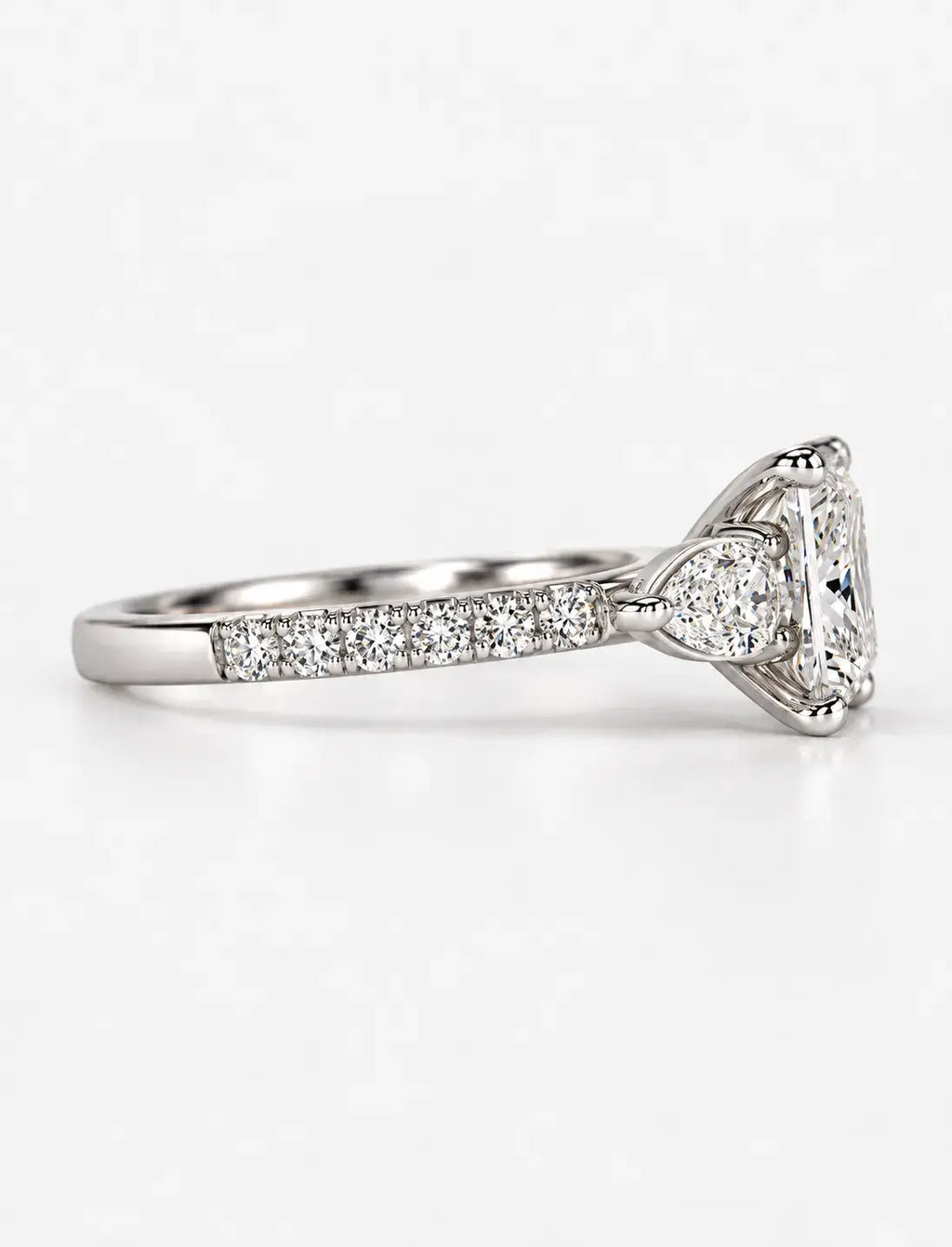 Lab Grown IGI Certified Princess-Cut Three-Stone Engagement Ring with Pear-Cut Side Accents and Pavé Band in Gold & Platinum