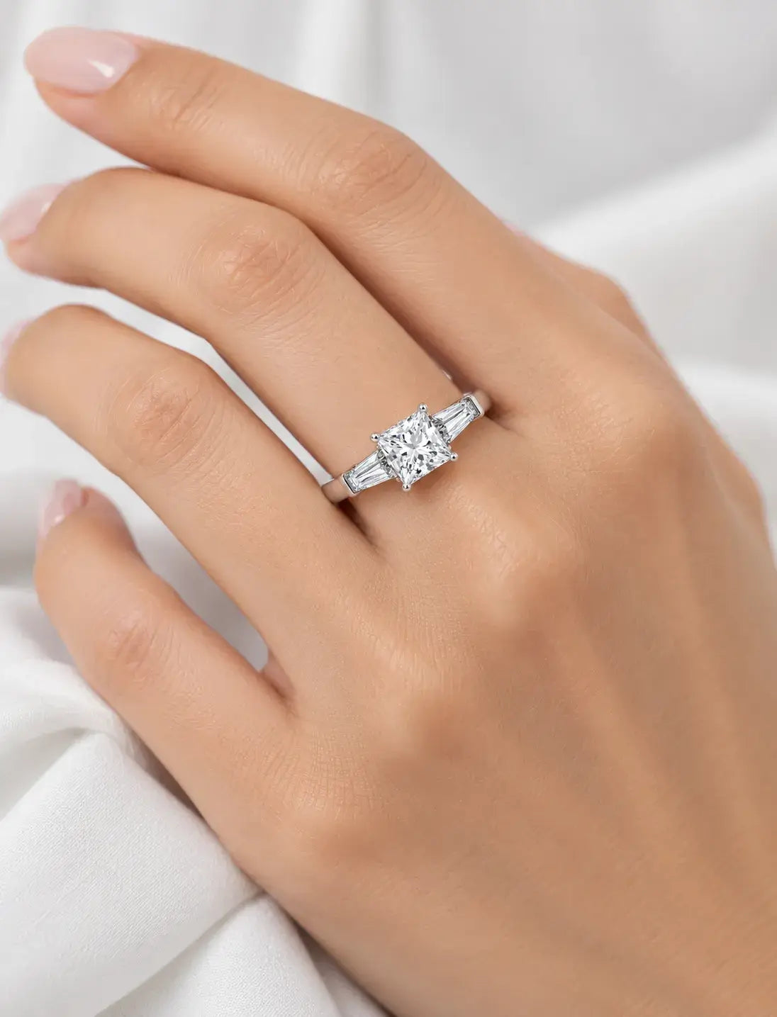 Lab Grown IGI Certified Princess-Cut Trilogy Engagement Ring with Tapered Baguette Sides in Gold & Platinum