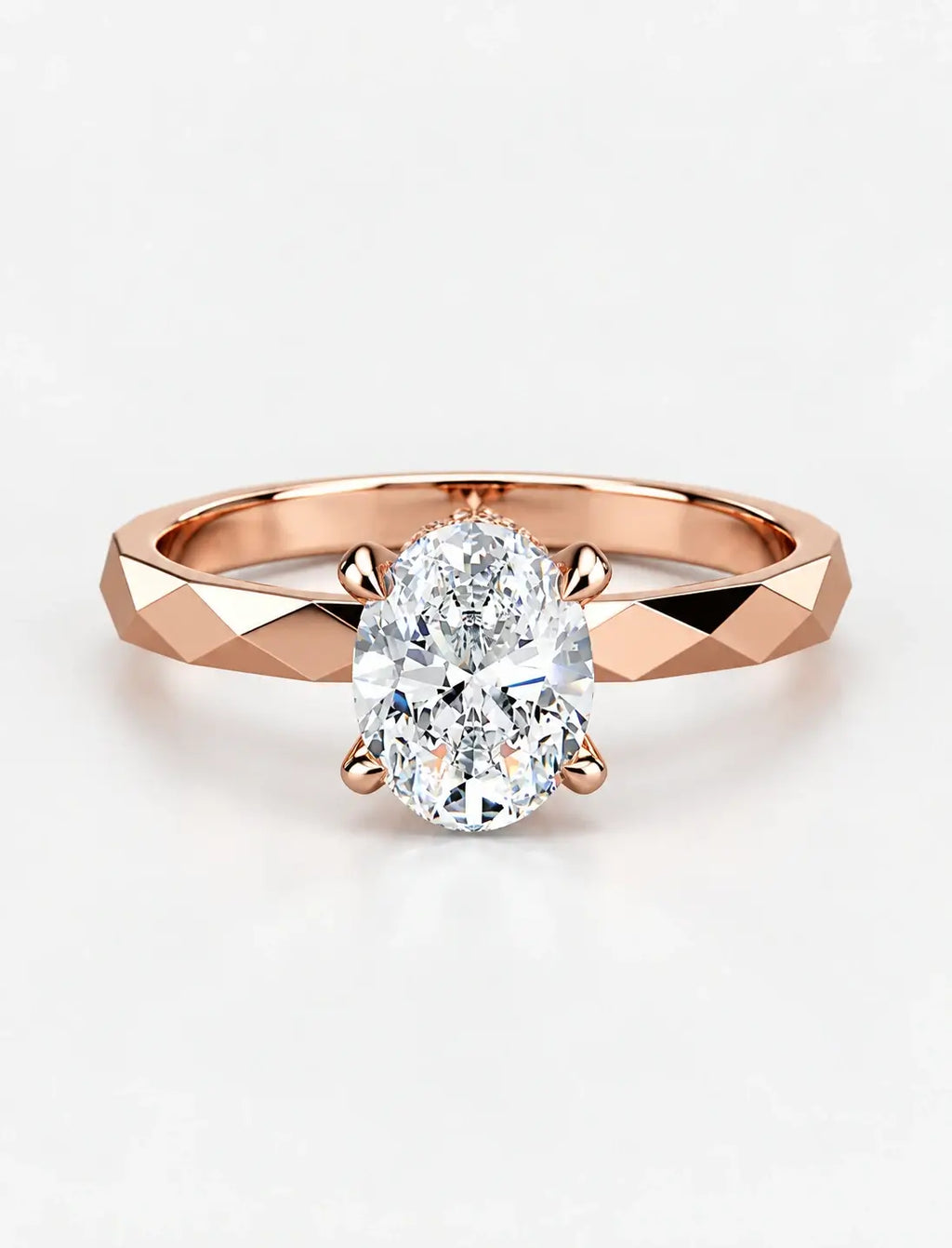 IGI Certified Lab Grown Oval Diamond Geometric Faceted Solitaire Engagement Ring in Gold & Platinum