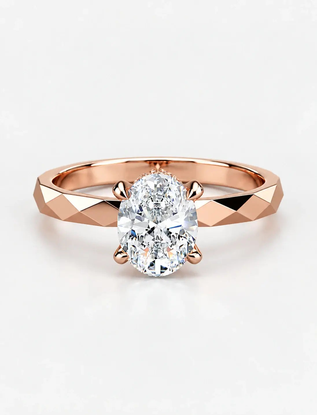 IGI Certified Lab Grown Oval Diamond Geometric Faceted Solitaire Engagement Ring in Gold & Platinum