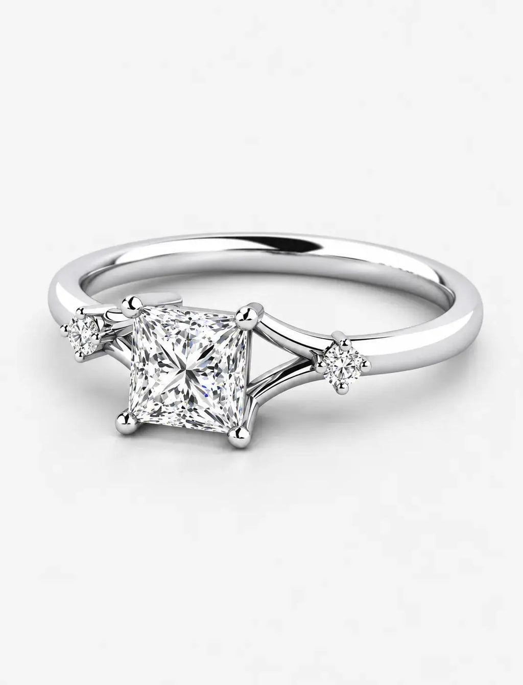 Lab Grown IGI Certified Kite-Set Princess-Cut Split-Shank Three-Stone Engagement Ring in Gold & Platinum