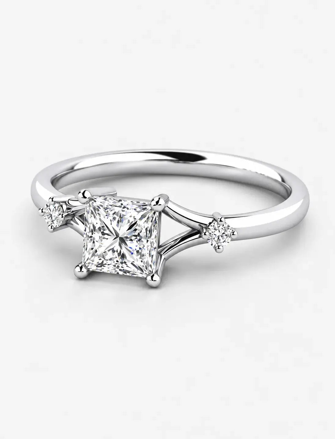 Lab Grown IGI Certified Kite-Set Princess-Cut Split-Shank Three-Stone Engagement Ring in Gold & Platinum