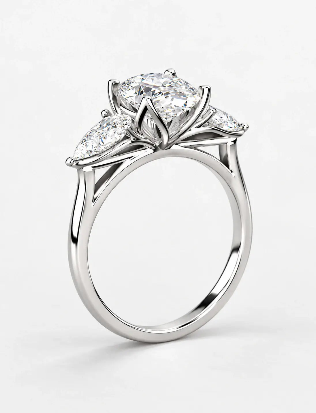 IGI Certified Lab Grown Oval Cut Three-Stone Diamond Engagement Ring with Pear Side Stones in Gold & Platinum