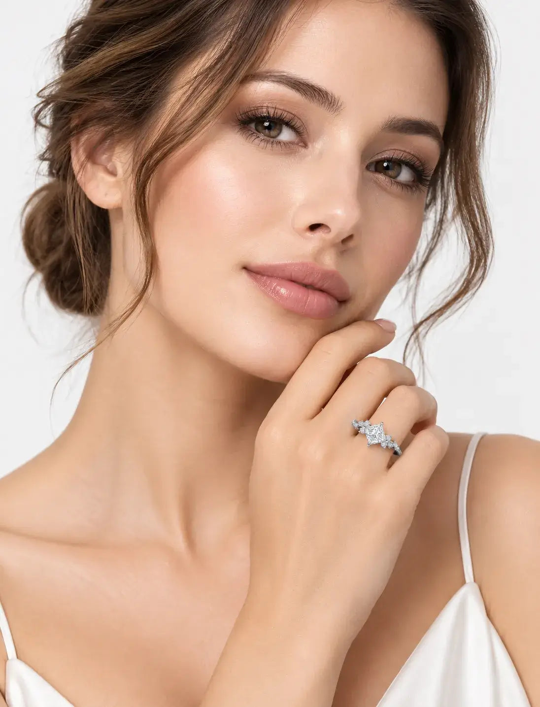 Lab Grown IGI Certified Compass-Set Princess-Cut Diamond Engagement Ring with Asymmetrical Cluster Accents in Gold & Platinum