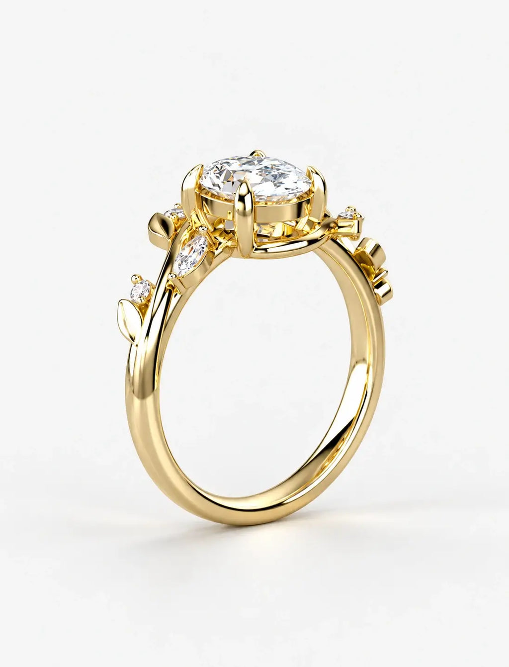 IGI Certified Lab Grown Round Brilliant Diamond Engagement Ring with Marquise Leaf & Round Accents in Gold & Platinum