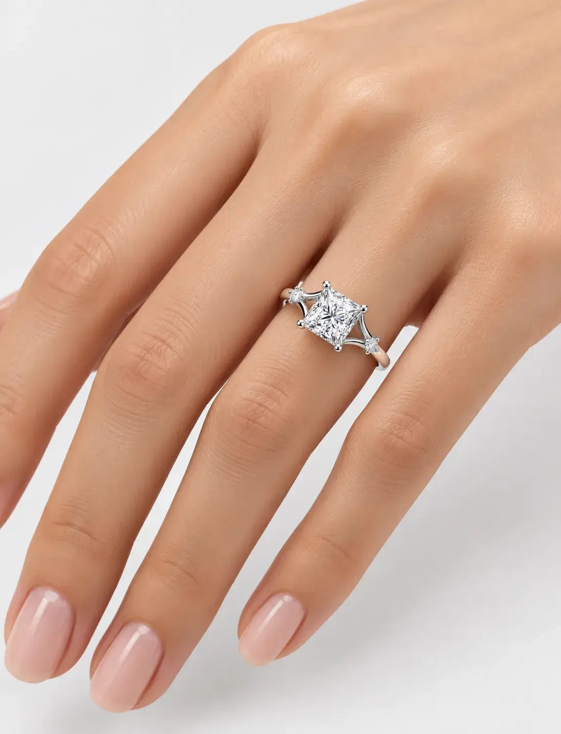 Lab Grown IGI Certified Kite-Set Princess-Cut Split-Shank Three-Stone Engagement Ring in Gold & Platinum