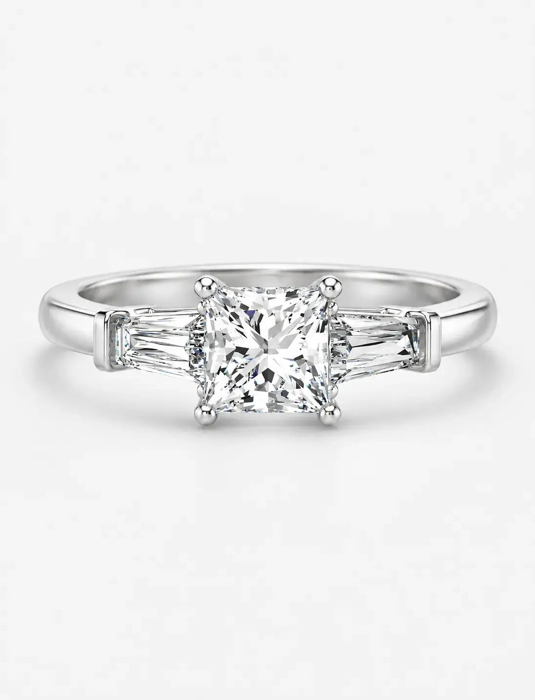 Lab Grown IGI Certified Princess-Cut Trilogy Engagement Ring with Tapered Baguette Sides in Gold & Platinum