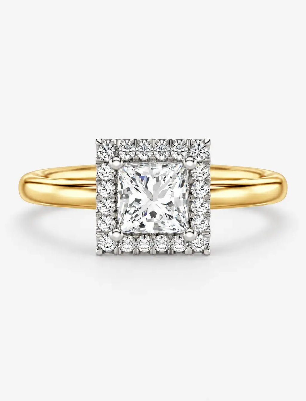 Lab-Grown IGI-Certified Princess-Cut Solitaire Engagement Ring with Square Diamond Halo in Gold & Platinum