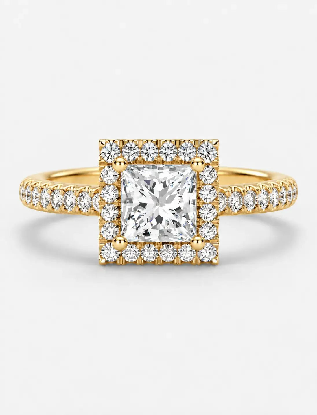 Lab Grown IGI Certified Princess-Cut Diamond Square Halo Engagement Ring with Round Pavé Diamonds in Gold & Platinum