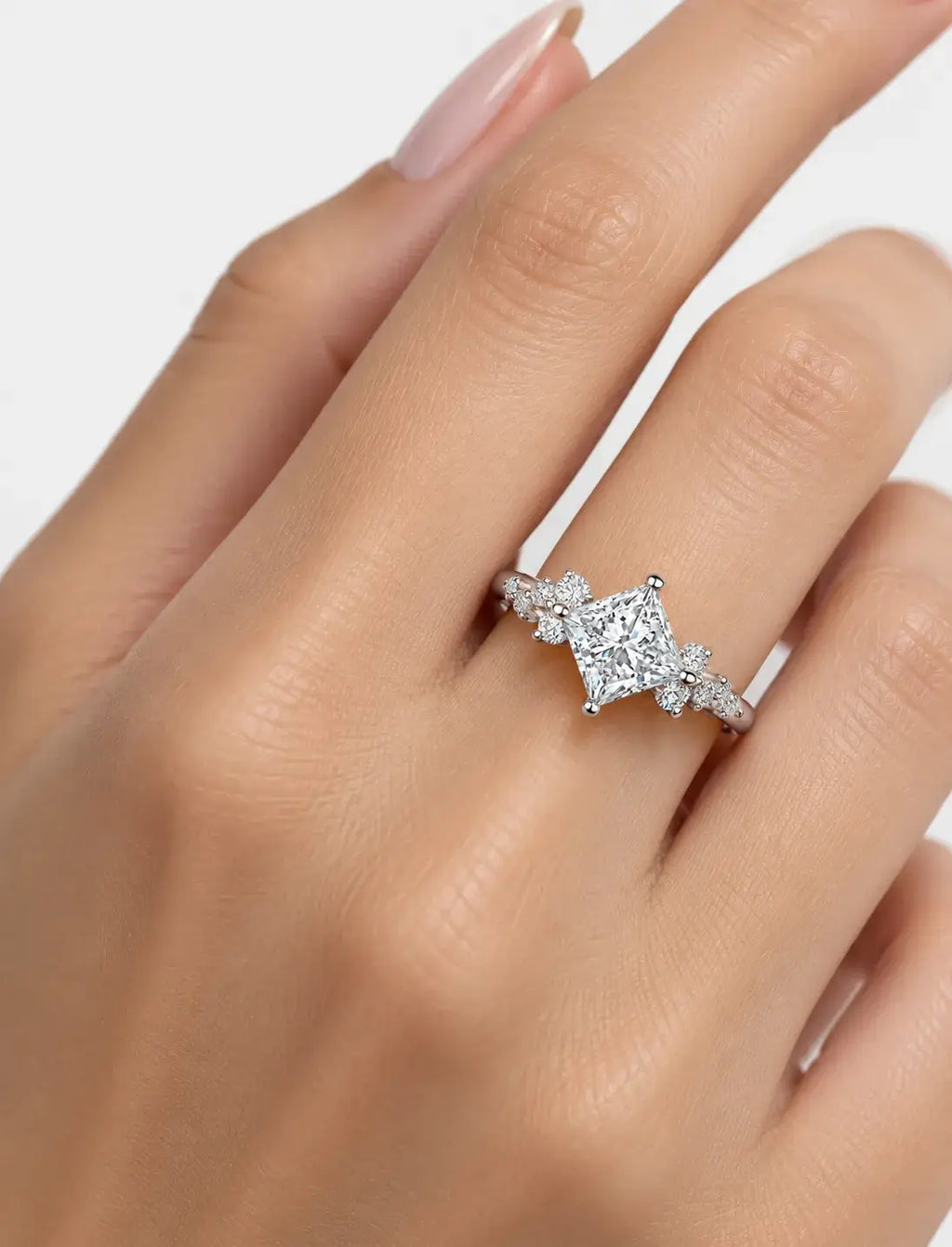Lab Grown IGI Certified Compass-Set Princess-Cut Diamond Engagement Ring with Asymmetrical Cluster Accents in Gold & Platinum