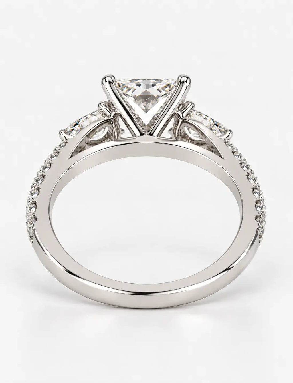 Lab Grown IGI Certified Princess-Cut Three-Stone Engagement Ring with Pear-Cut Side Accents and Pavé Band in Gold & Platinum