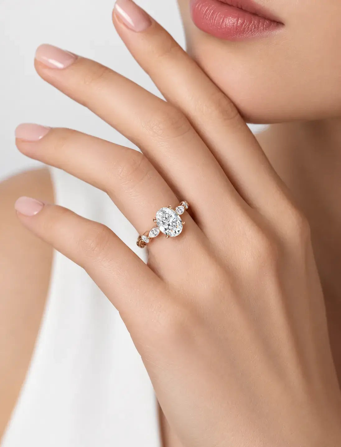 IGI Certified Lab Grown Versailles-Inspired Oval Solitaire Ring with Marquise & Round Diamond Side Stones in Gold & Platinum
