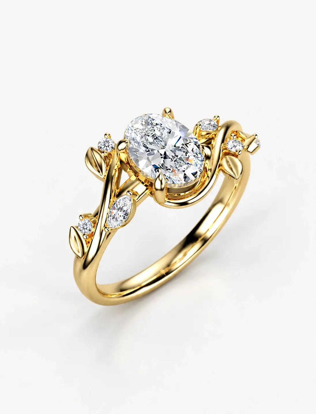 IGI Certified Lab Grown Round Brilliant Diamond Engagement Ring with Marquise Leaf & Round Accents in Gold & Platinum