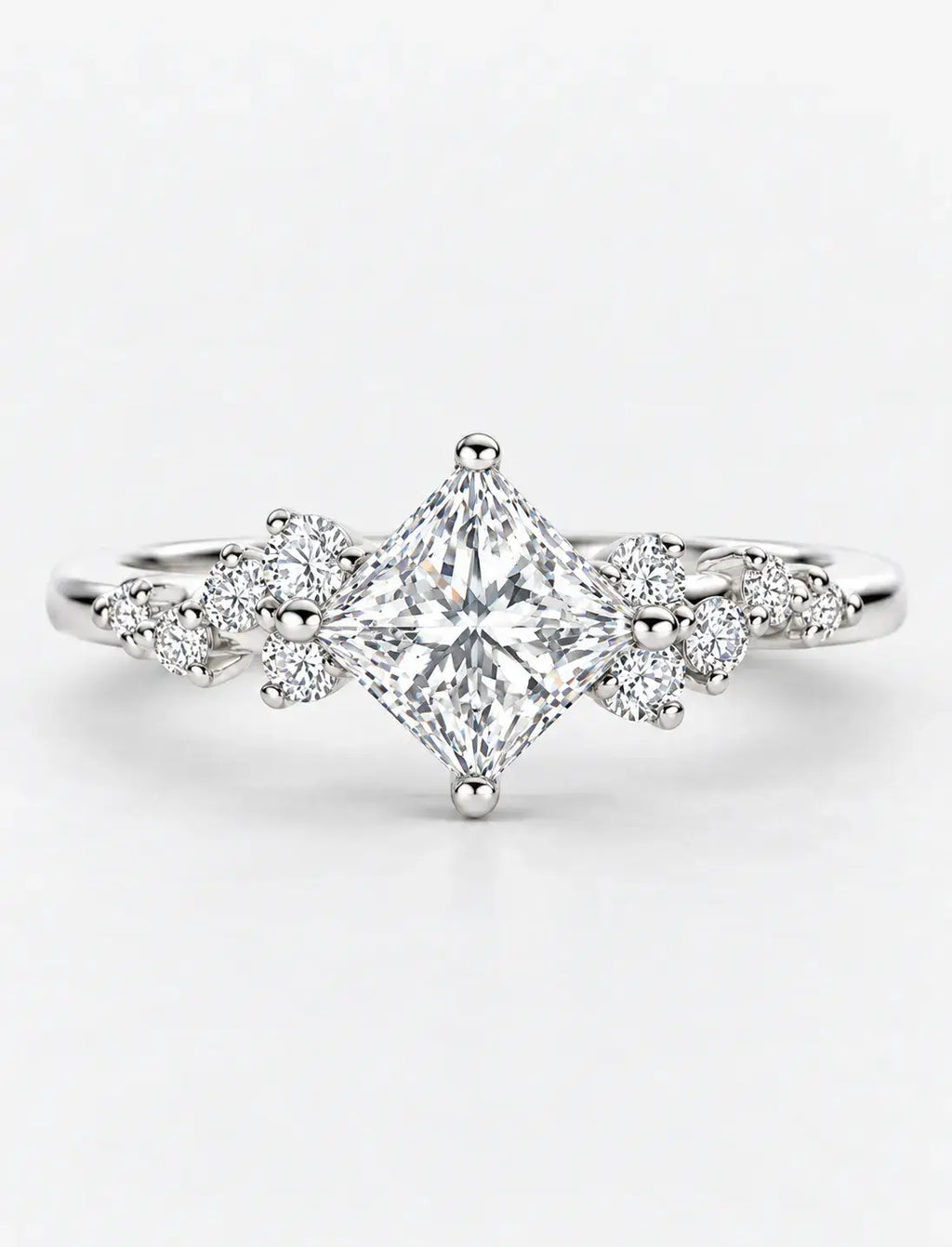 Lab Grown IGI Certified Compass-Set Princess-Cut Diamond Engagement Ring with Asymmetrical Cluster Accents in Gold & Platinum