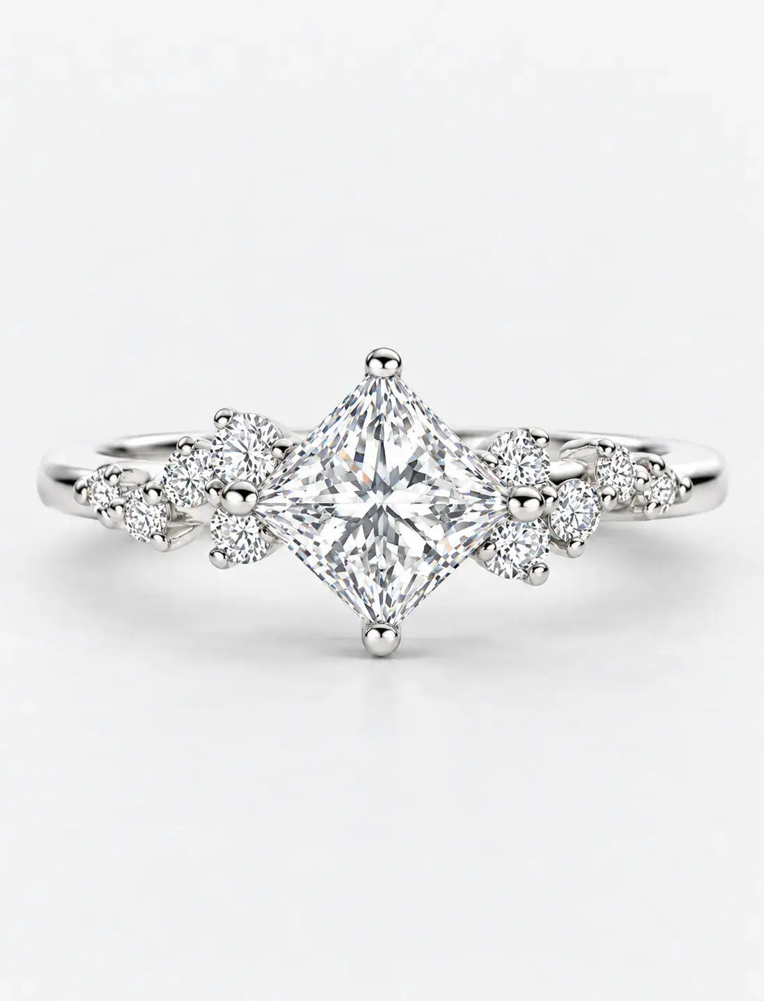 Lab Grown IGI Certified Compass-Set Princess-Cut Diamond Engagement Ring with Asymmetrical Cluster Accents in Gold & Platinum