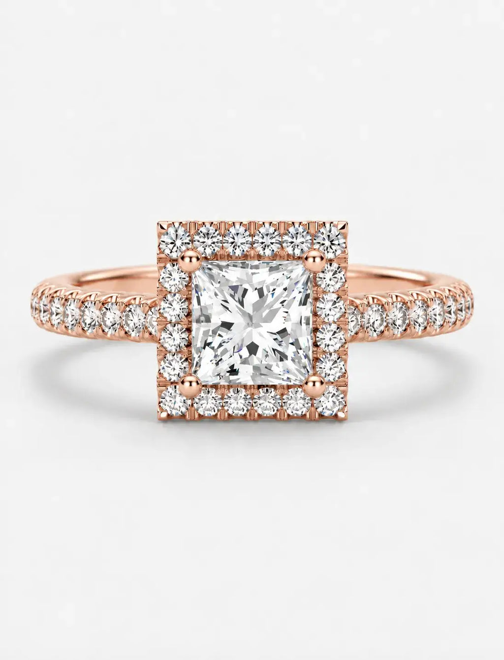 Lab Grown IGI Certified Princess-Cut Diamond Square Halo Engagement Ring with Round Pavé Diamonds in Gold & Platinum