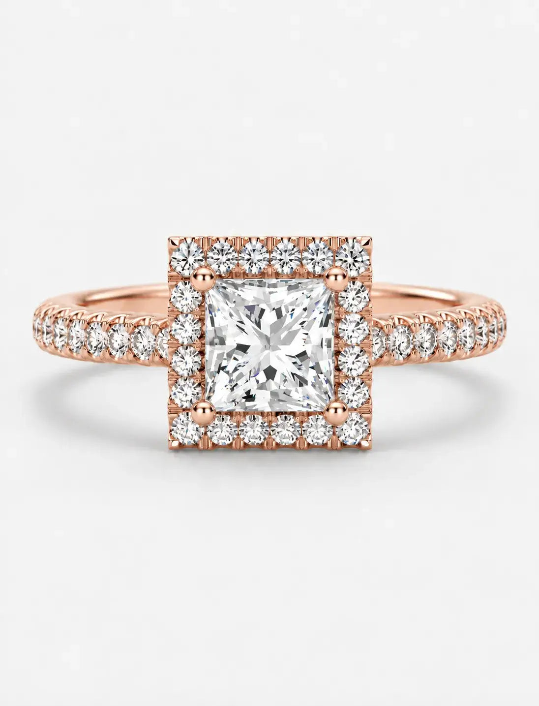 Lab Grown IGI Certified Princess-Cut Diamond Square Halo Engagement Ring with Round Pavé Diamonds in Gold & Platinum